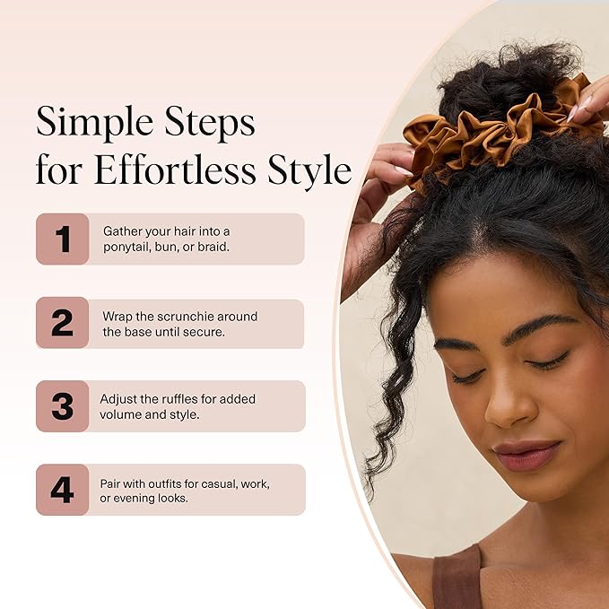 Kitsch Ruffle Satin Scrunchies For Women - Gentle Hair Tie - Camel