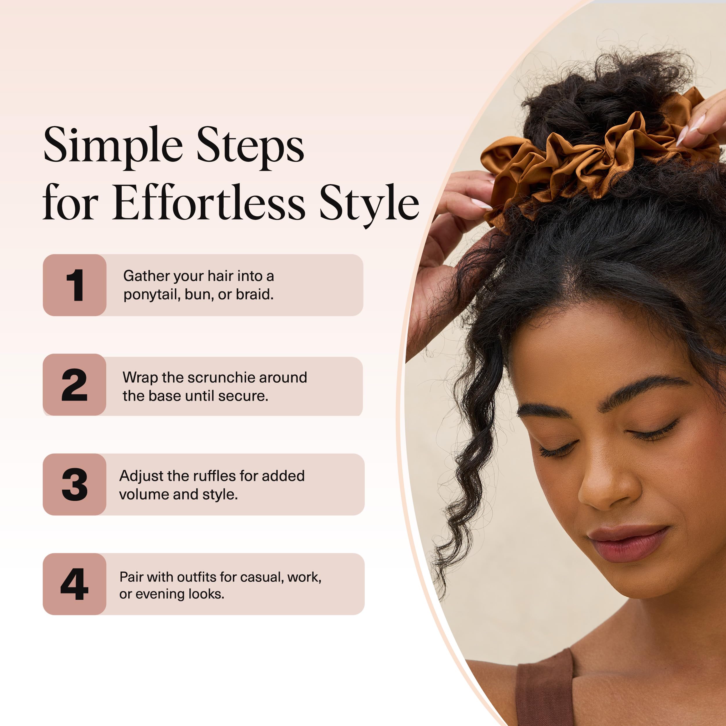 Kitsch Ruffle Satin Scrunchies For Women - Gentle Hair Tie - Camel