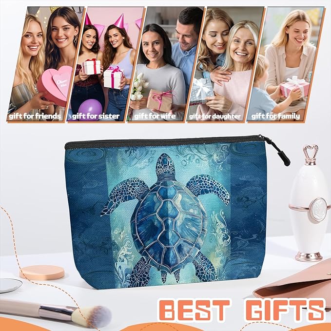 Scribesense Cosmetic Bags Travel Makeup Toilet Case Waterproof Pouch for Women Girls 6.7X9.45inches - Blue Sea Turtle With Ornamental Patterns