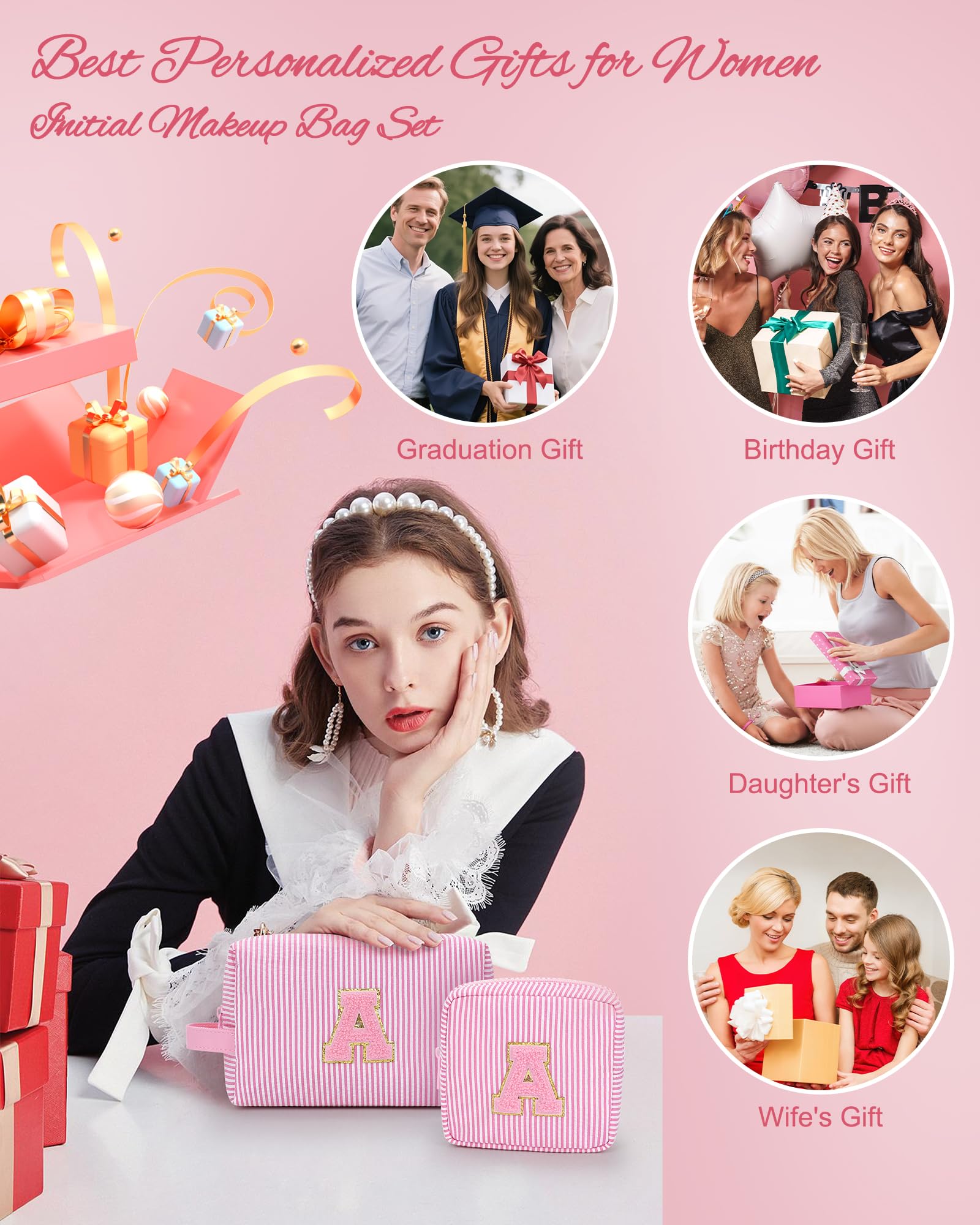 MONSTINA Easter Basket Gifts for Teens,Initial Makeup Bag,Monogram Pouch Personalized Cosmetic Bag for Girls&Women,Cute Letter Make Up Bag, Pink A