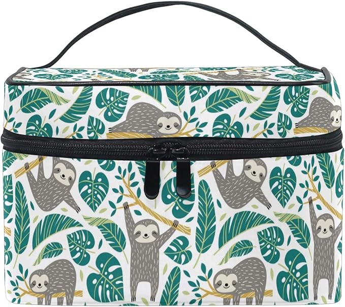 MNSRUU Makeup Bag, Cute Sloths And Tropical Palm Leaves Travel Makeup Organizer Bag Cosmetic Cases Toiletry Bags for Girl Women Ladies