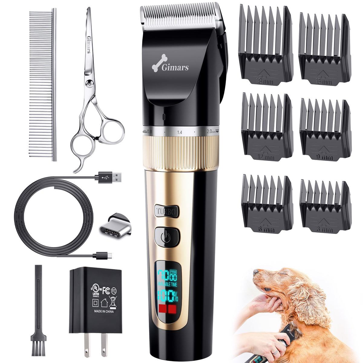 Gimars 4 in 1 Dog Grooming Clippers with Small Trimmer, 7000RPM High-Power 4-Speed Quiet Pet Shaver (≤55dB), Cordless Rechargeable Dog Hair Clippers for Thick Coats with Scissors, Comb & USB