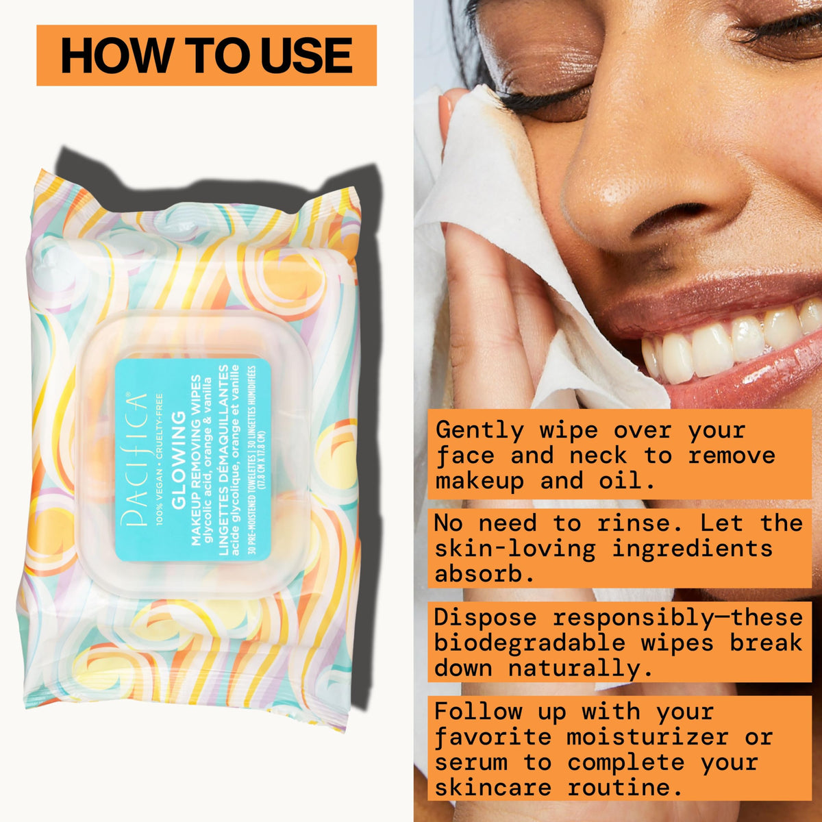 Pacifica Vegan Face Cleansing Wipes, Makeup Remover Wipes w/Glycolic Acid, Aloe Vera & Coconut Water Exfoliating & Hydrating Facial Towelettes for All Skin Types (120 Count) Clean Beauty Cruelty-Free