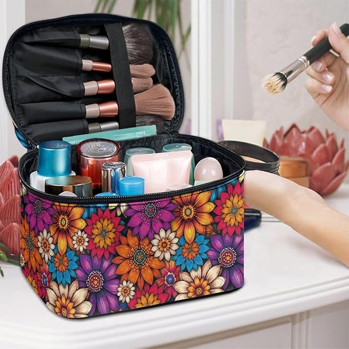 Drydeepin Vibrant Hippie Flower Pattern Travel Makeup Bags for Women Portable Tote Cosmetic Case with Carry Handle Toiletry Accessories Storage Organizer Bags