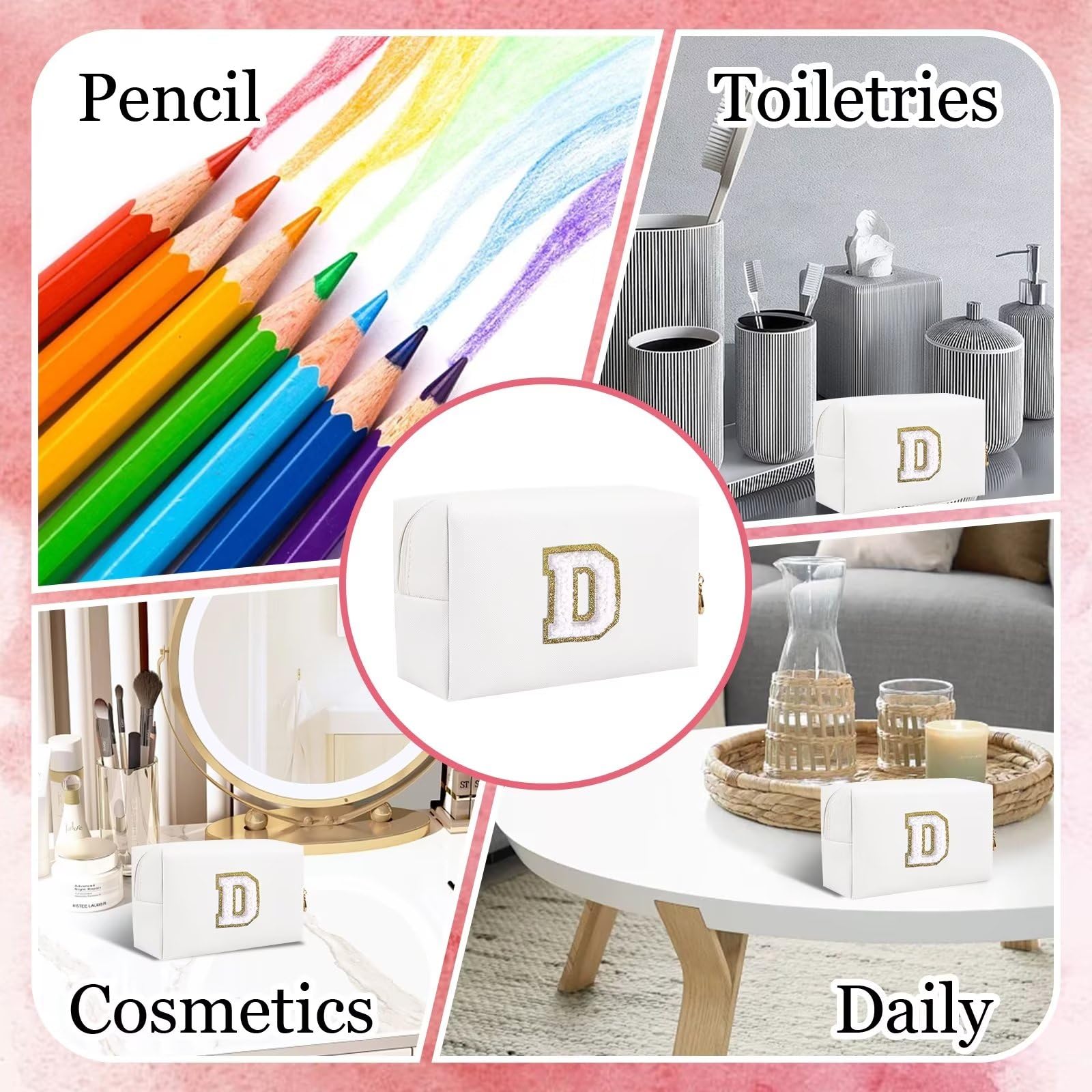 Small Personalized Letter Makeup Bag, Cute PU Leather Chenille Letters Cosmetic Bag Travel Makeup Pouch, Preppy Travel Organizer Zipper Pouch for Women&Girls（White-D）