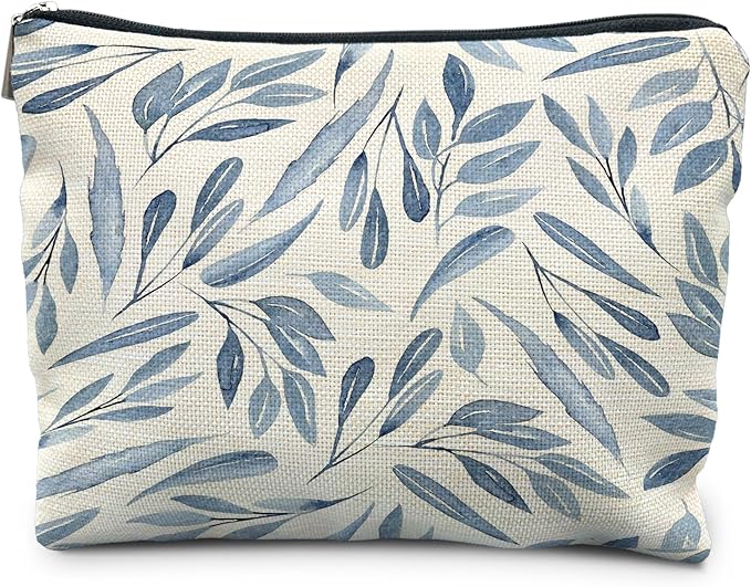 RYYCDOI Blue Floral Makeup Bag Pouch, Blue and White Chinoiserie Makeup Pouch, Floral Cosmetic Bag, Boho Botanical Leaves Cosmetic Bag for Women