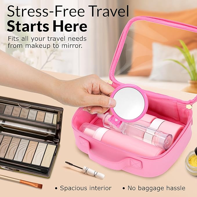Pink Clear Makeup Bag, Travel Cosmetic Pouch with Transparent Front, Quart Size Toiletry Organizer for Women, Girls & Teens, Cute Makeup Case