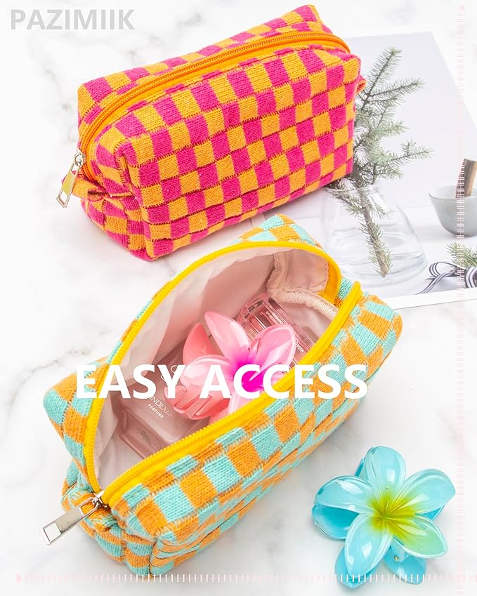 Checkered Makeup Bag for Purse, Small Travel Cosmetic Pouch,Orange Green