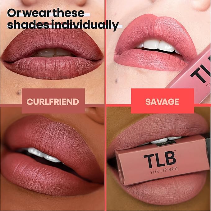 The Lip Bar - Nonstop Liquid Matte Lipstick Mini 2-Pack, Curlfriend (Mauve Pink) + Savage (Chocolate Red-Brown) - High Pigment - One Swipe - Long Lasting - Jojoba Oil & Vitamin E - Vegan -.24 fl oz