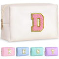 TOPEAST Preppy Small Makeup Bag, Chenille Letter Pouch Cosmetic Bag With Zipper, PU Leather Waterproof Toiletry Bag, Personalized Birthday Gift for Women, Cute Stuff for Girls (Pearly White D)