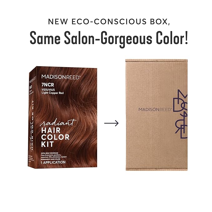 Madison Reed Radiant Hair Color Kit - 7NCR Light Copper Red (Vesuvius Red), Salon-Quality Permanent Hair Dye, Superior Gray Coverage & Dimensional Color | PPD-Free & Ammonia-Free, 1 Pack