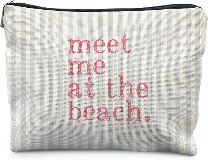 RYYCDOI Coastal Beach Makeup Bag, Meet Me at the Beach Cosmetic Bags for Women, Gifts for Ocean Lovers, Preppy Cute Blue Striped Beachy Nautical Zipper Makeup Pouch