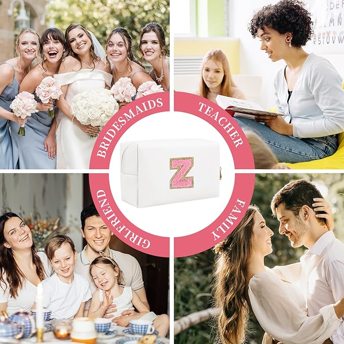 Personalized Initial Letter Patch Makeup Bag, Preppy Portable Chenille Letter Cosmetic Bag with Zipper, PU Leather Waterproof Travel Toiletry Bag Monogram Make Up Pouch for Women Girls(Letter Z)