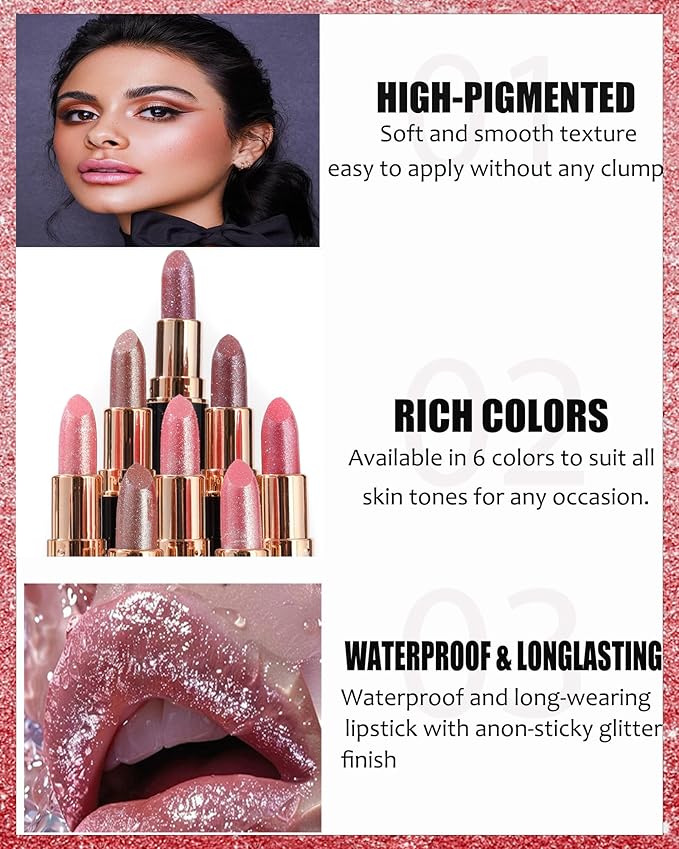 Metallic Glitter Lipstick Set Long Lasting,3 Pcs Diamond Shimmer Lip Gloss Nude Pink Rose Pink Red Matte Lip Stick for Women,Sparkling Shiny Transfer Proof Non Stick Tinted Lip Balm Color Makeup-Set B