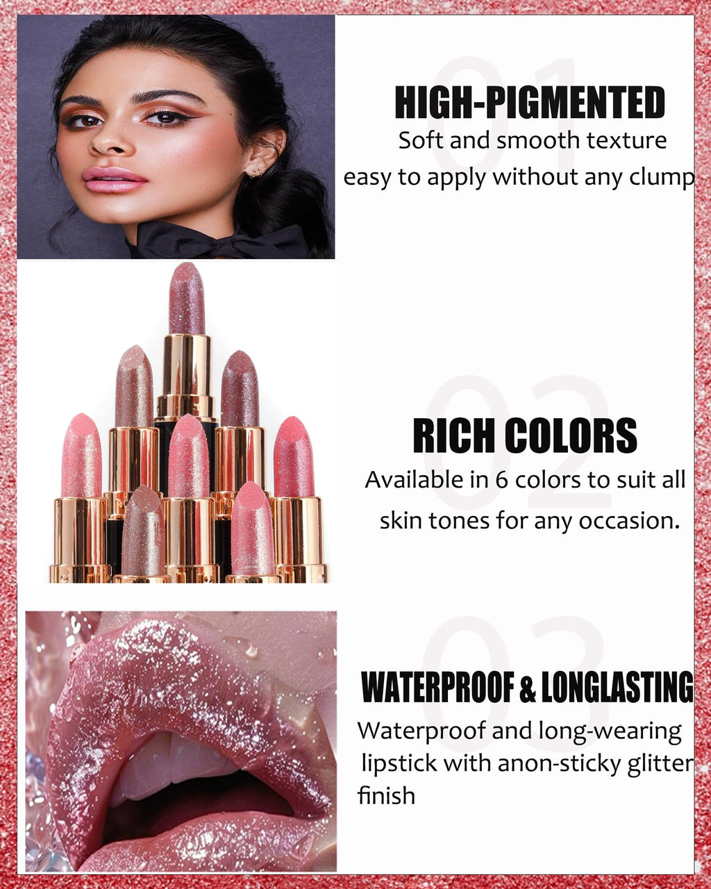 Rose Pink Metallic Glitter Lipstick Long Lasting,Diamond Nude Shimmer Lip Gloss High Pigment Lip Red Color Matte Lip Stick for Women,Sparkling Shiny Transfer Proof Non Stick Tinted Lip Balm Makeup-03