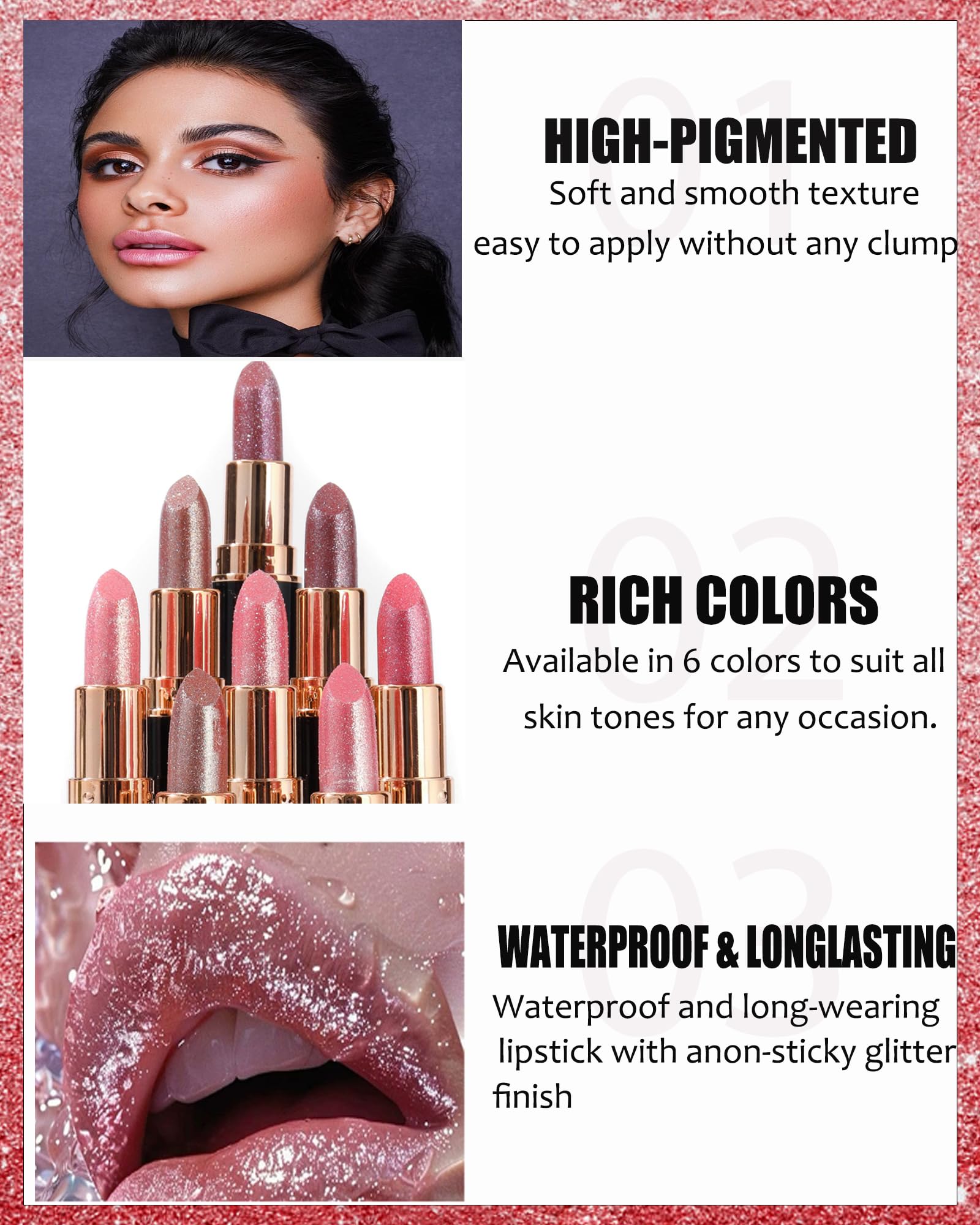 Rose Pink Metallic Glitter Lipstick Long Lasting,Diamond Nude Shimmer Lip Gloss High Pigment Lip Red Color Matte Lip Stick for Women,Sparkling Shiny Transfer Proof Non Stick Tinted Lip Balm Makeup-03