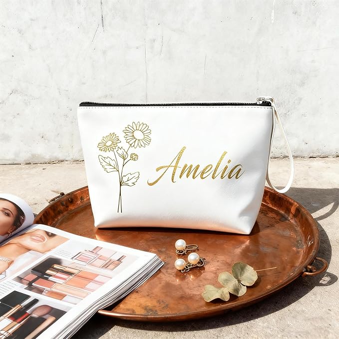 Bliver Personalized Makeup Bag Initial&Birth Flower Custom Small Travel Cosmetic Bag with Name Cute Makeup Bag for Women Girls
