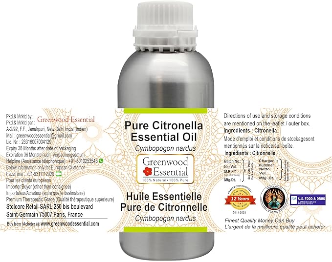 Greenwood Essential Pure Citronella Essential Oil (Cymbopogon nardus) Steam Distilled 300ml (10.1 oz)