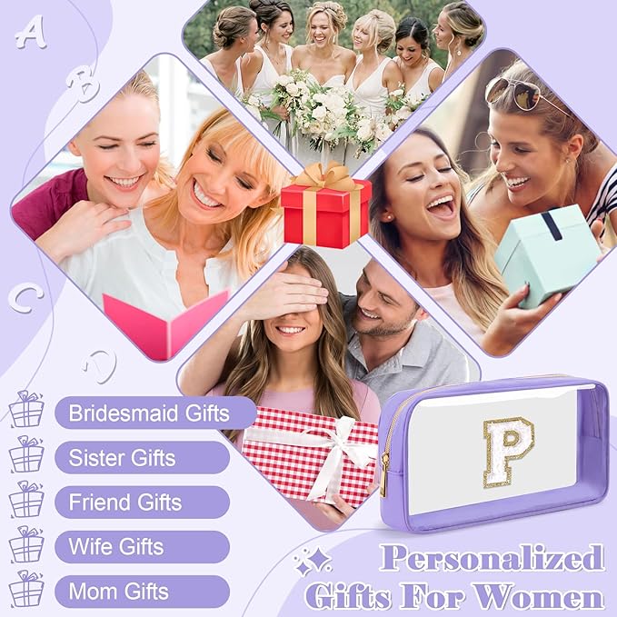 Personalized Initial Letter Clear Makeup Bag,Preppy Small Nylon&PVC Cosmetic Zipper Bag with Chenille Letter,Travel Skincare Toiletry Bag,Monogram Christmas Gift for Teen Girls Women,P