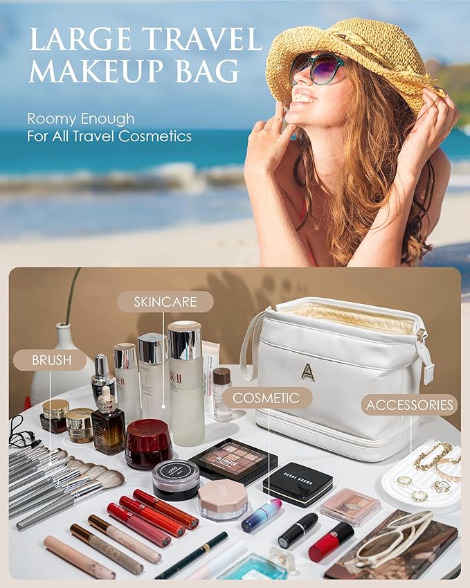 Travel Essentials for Friends Female Mom, Personalized Makeup Bag, Double Layer Cosmetic Bag with Makeup Brush Organizer, Waterproof, Large Capacity PU Leather Toiletry Bag Customized Gifts