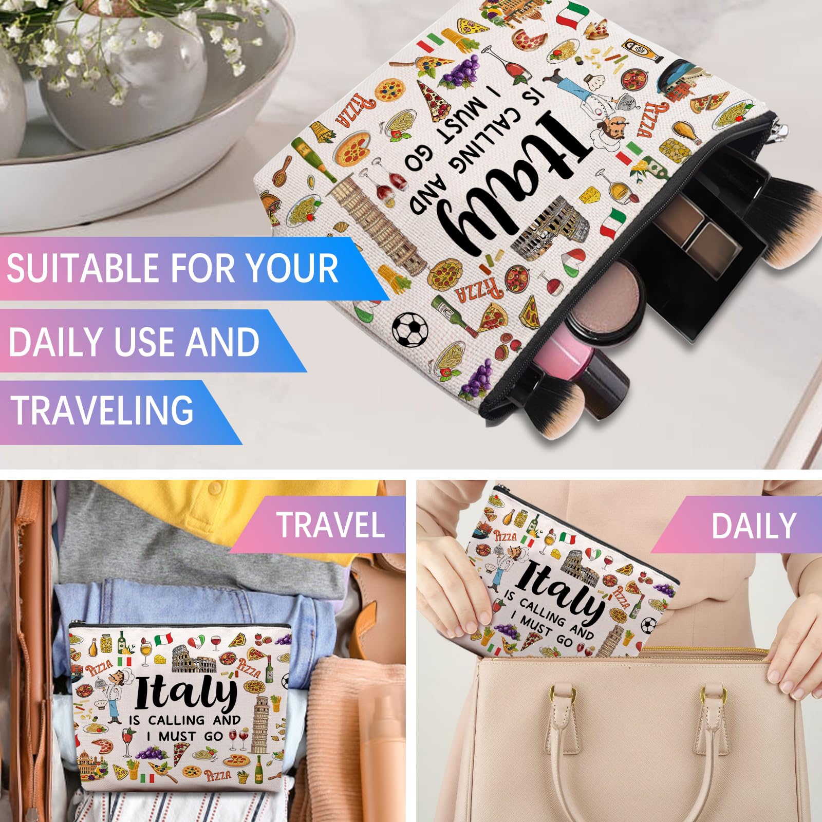 CEASQVAA Italy Travel Gift Makeup Bag, Italy Lover Themed Gifts for Traveller Women Friends, Italian Travel Trip Essentials Souvenir