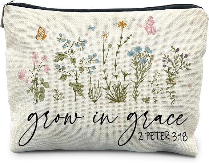 RYYCDOI Christian Floral Makeup Bag Pouch, Grow in Grace 2 Peter 3:18, Religious Christian Gifts for Women, Bible Verse Gifts, Bible Verse Cosmetic bag
