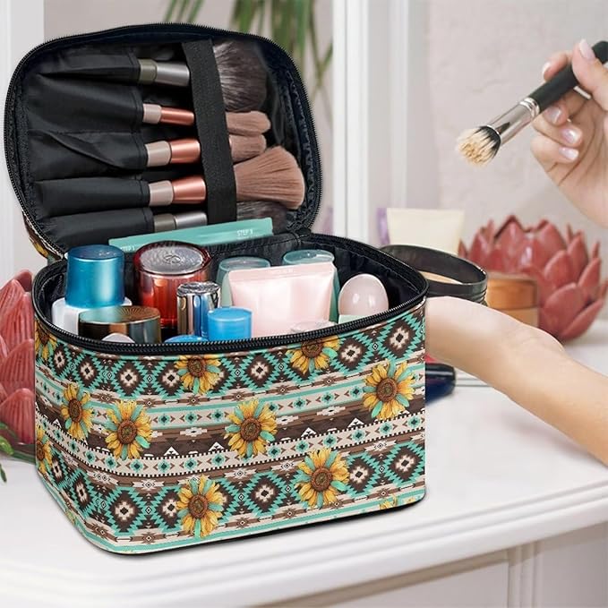 Drydeepin Navajo Aztec Tribal Sunflower Pattern Travel Makeup Bags for Women Portable Tote Cosmetic Case with Carry Handle Toiletry Accessories Storage Organizer Bags