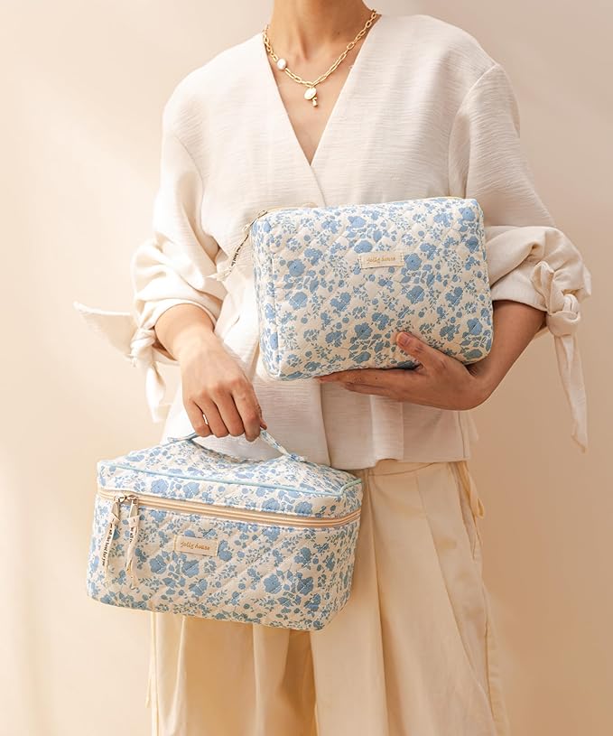 HBselect Quilted Makeup Bag, 3Pcs Cotton Large Travel Makeup Bags Organizer
