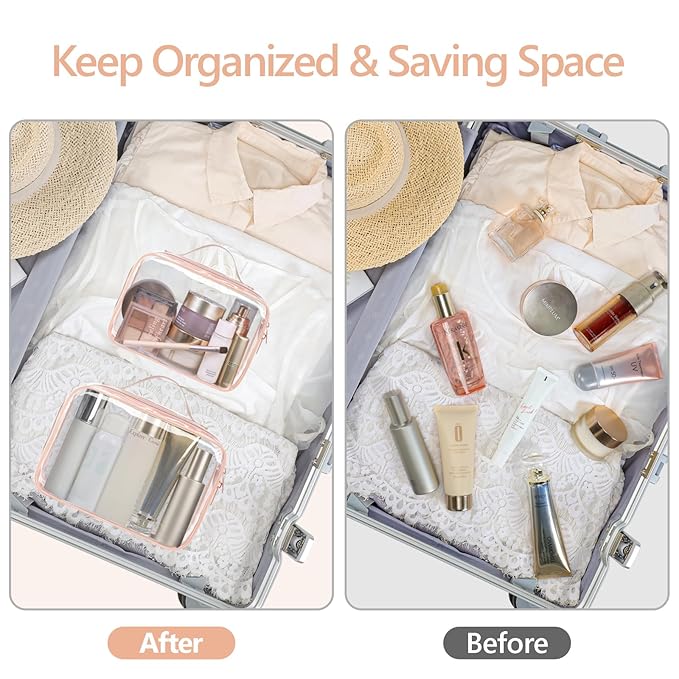 PACKISM Clear Makeup Bag Travel - TSA Approved Toiletry Bag, 2 Rose Pink
