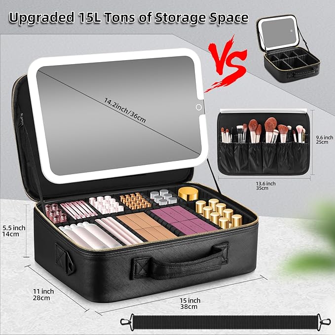 15''X11'' Large Makeup Bag with Removable Lighted Mirror, PU Leather