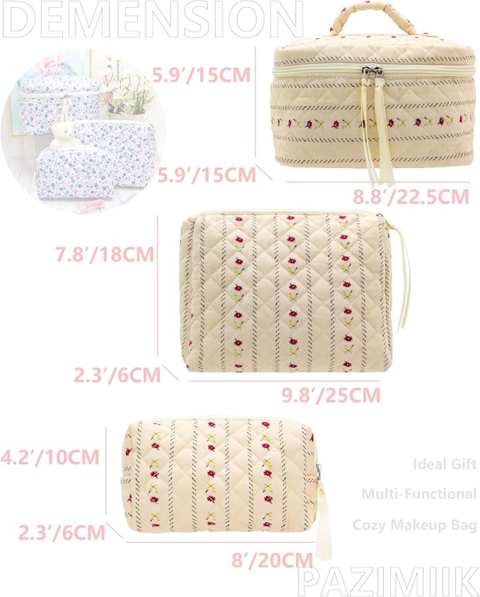 3 Piece Quilted Makeup Bag Set for Women,Cosmetic&Toiletry Bag,Flower Beige