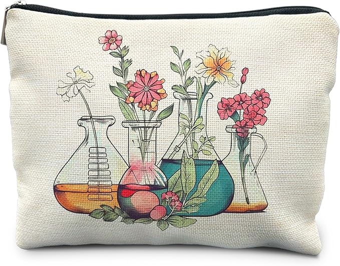 RYYCDOI Science Teacher Gifts Makeup Bag - Floral Beakers Cosmetic Pouch
