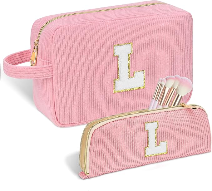 Sernaxi Personalized Initial Makeup Bag Trendy Stuff Corduroy Cosmetic Bag Travel Toiletry Bag, Valentine’s Day Gift Makeup Organizer Case & Makeup Pouch for Women teen Girls Mom Girlfriend Wife