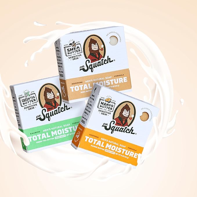 Dr. Squatch Total Moisture Natural Men’s Bar Soap – Non-Drying 2-in-1 Face + Body Soap Bar – Plant-Based Ingredients, Created for All Skin Types – Gifts for Men – Mango Butter, 5oz (3-Pack)