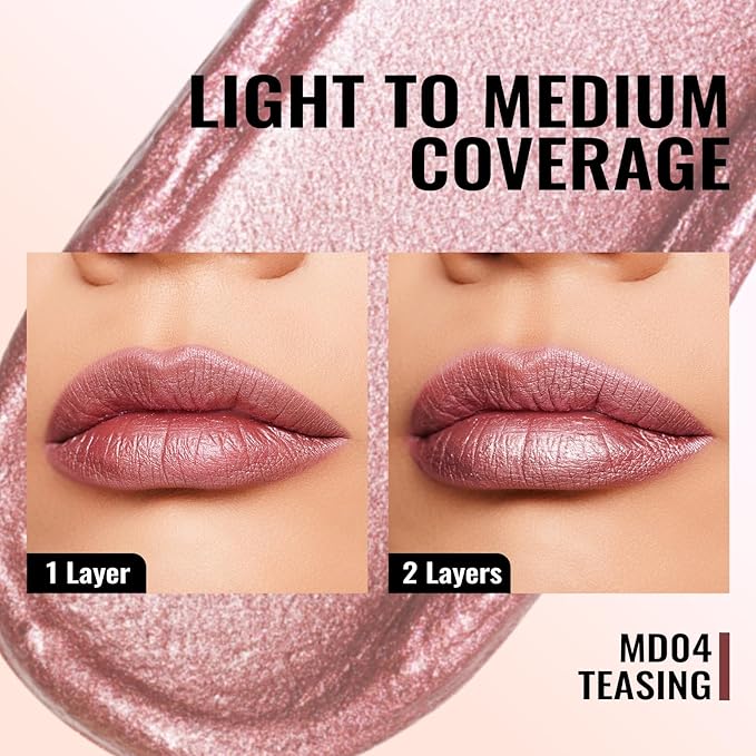 Oulac Mauve Pink Lipstick for Women - Metallic Liquid Lip Gloss, Long Lasting Waterproof, Oil-Based Formula, Transferproof, Vegan & Cruelty-Free Lip Makeup MD04