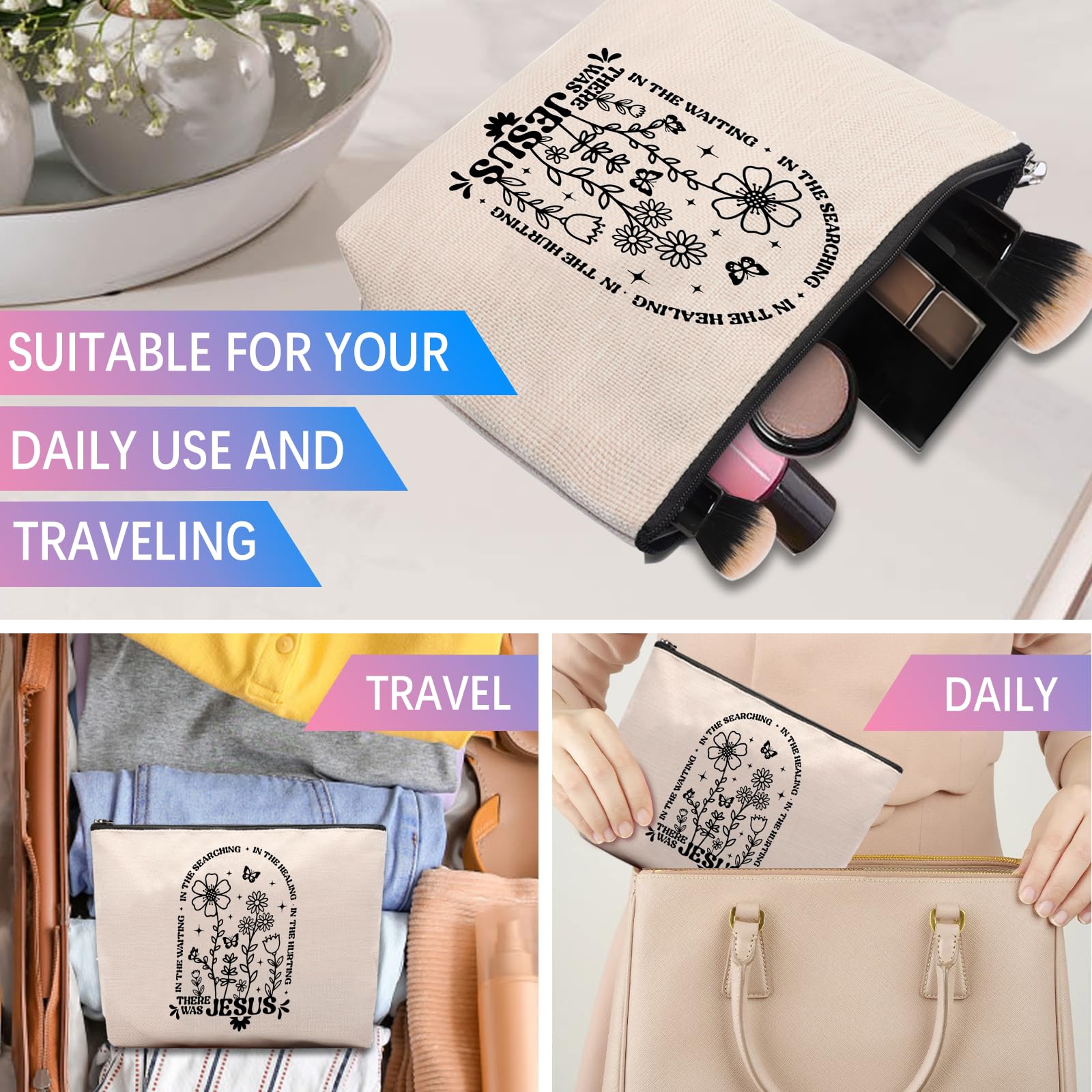 CEASQVAA Boho Floral Christian Makeup Bag, Christian Gifts for Women, Bible Stuff Prayer Supplies, There Was Jesus Cosmetic Bag Pouch