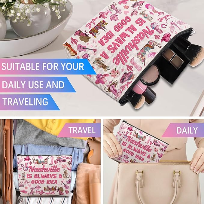 CEASQVAA Nashville Travel Gifts Makeup Bag, Nashville Lover Accessories Souvenirs, Country Music Gifts for Traveller Women Friends, Birthday Bachelorette Party Favors Women Trip Cosmetic Bag Pouch