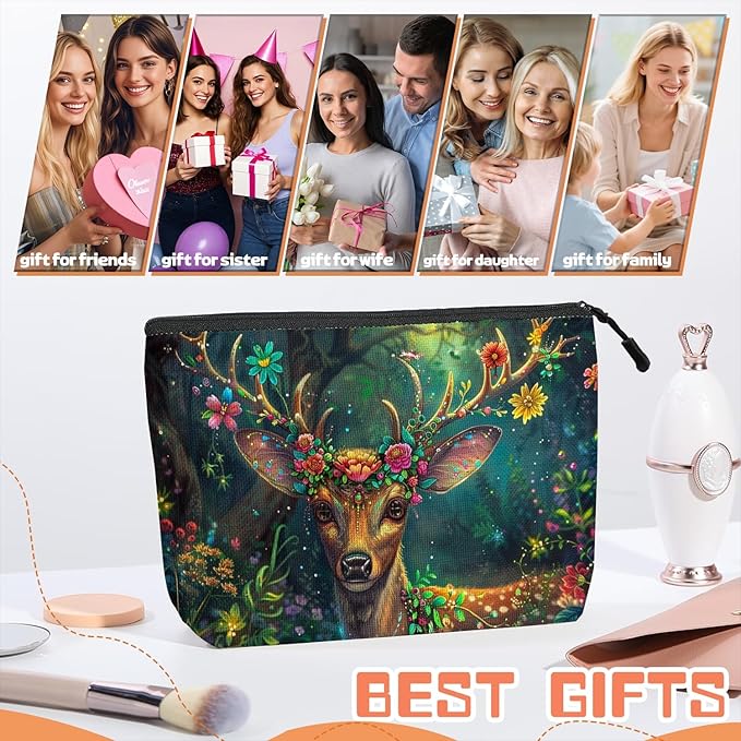Scribesense Cosmetic Bags Travel Makeup Toilet Case Waterproof Pouch for Women Girls 6.7X9.45inches - Deer'S Graceful Look With Blooming Antlers