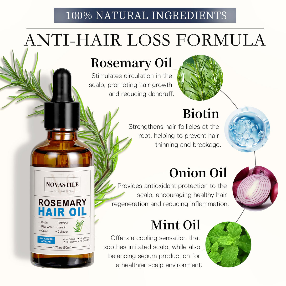 Novastile Rosemary Hair Oil – Dry Scalp & Split End Treatment with Biotin & Essential Oils for Strengthening, Nourishing, Moisturizing & Supporting Longer, Healthier Hair