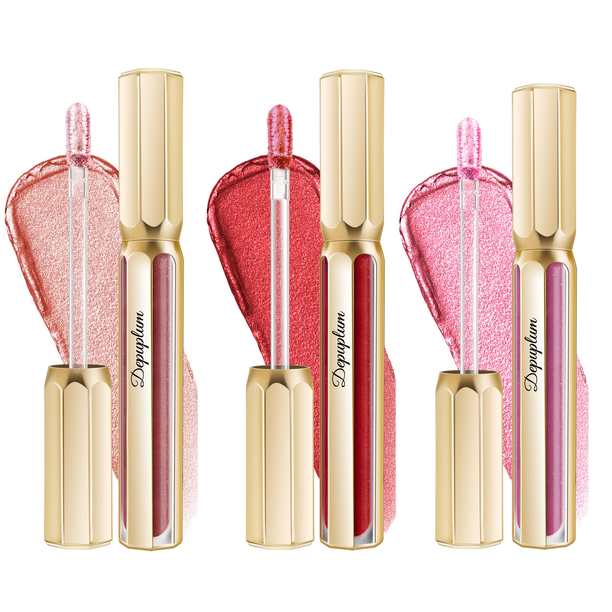 Depuplum 3Pc Lipsticks Set for Women Metallic Lipstick Long Lasting Dark Red Pink Burgundy Lip Gloss, Metal Shine Lightweight Hydrating Full Coverage Lip Color, DP101/104/108