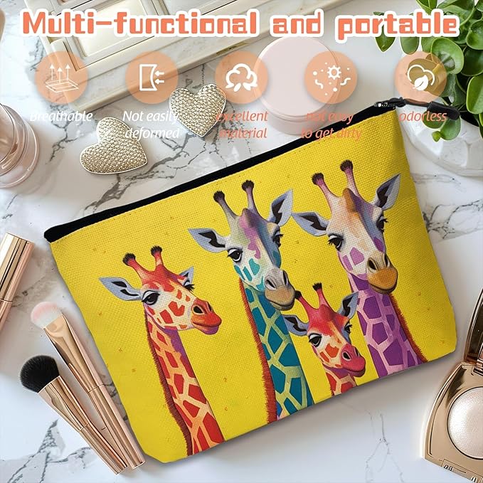 Scribesense Cosmetic Bags Travel Makeup Toilet Case Waterproof Pouch for Women Girls 6.7X9.45inches - Colorful Giraffes Against A Yellow Background