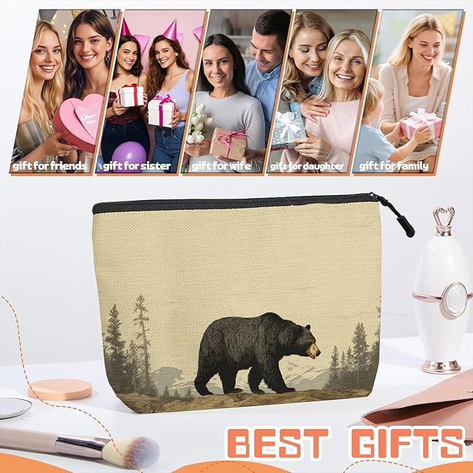 Scribesense Cosmetic Bags Travel Makeup Toilet Case Waterproof Pouch for Women Girls 6.7X9.45inches - Black Bear Walking in A Mountainous Forest Landscape