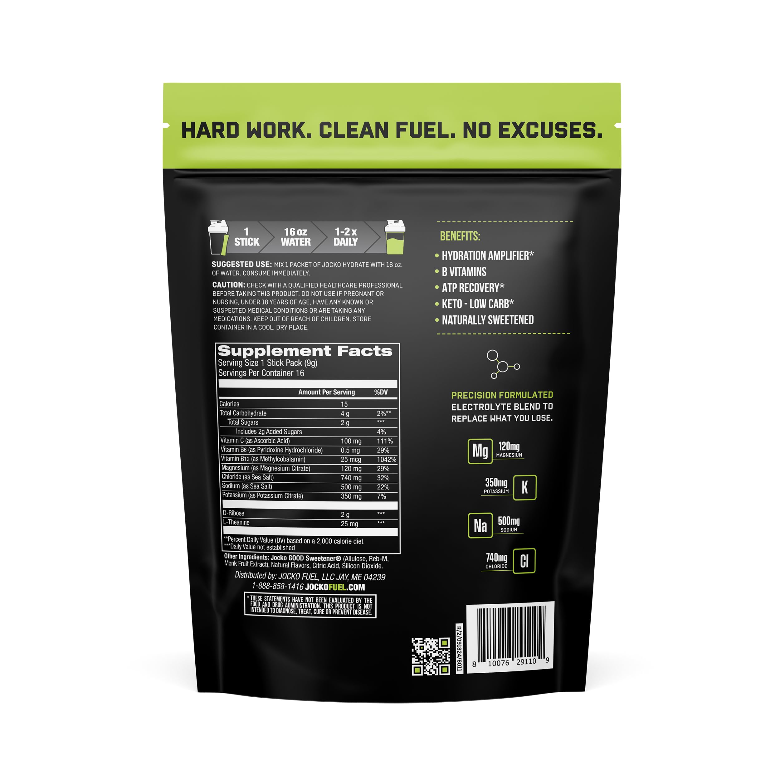 Jocko Fuel Hydrate Electrolytes Powder Packets Low Sugar - Hydration Amplifier Packets for Recovery, Dehydration, & Exercise - with Vitamins B6, B12 & C (16 Packets) Lemon Lime