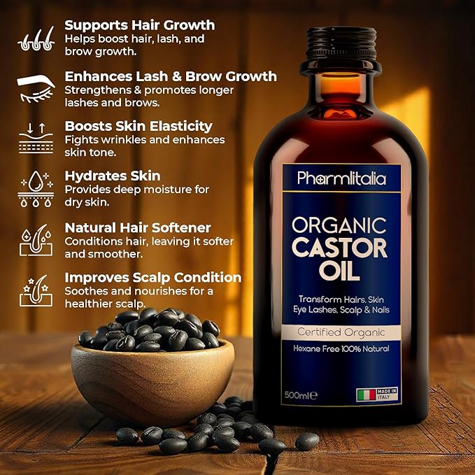 Pharmlitalia Caster Oil Organic Cold Pressed Unrefined Glass Bottle - Organic Golden Castor Oil for Face, Scalp, Eyelashes, Skin Care and Nails - Aceite De Castor Organico Puro - 500ml