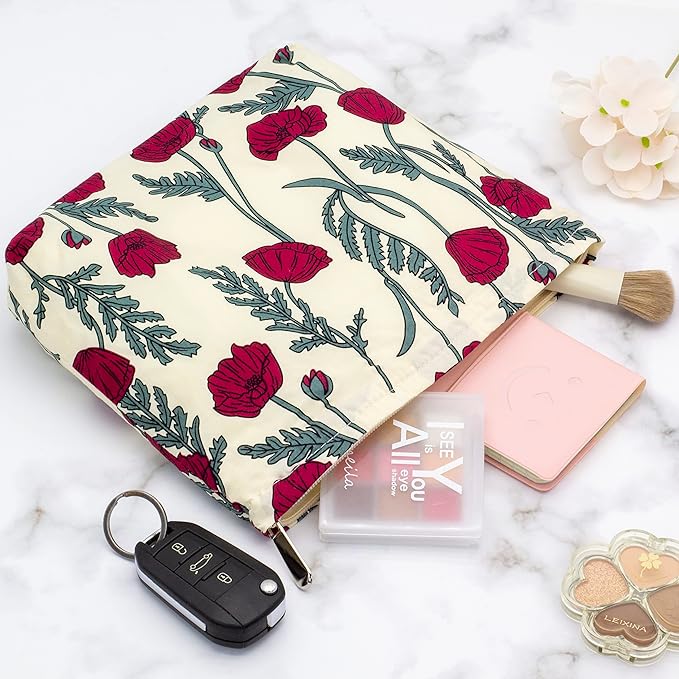 Flat Makeup Bag for Women,Zipper Cosmetic Pouch for Purse,Poppy Beige