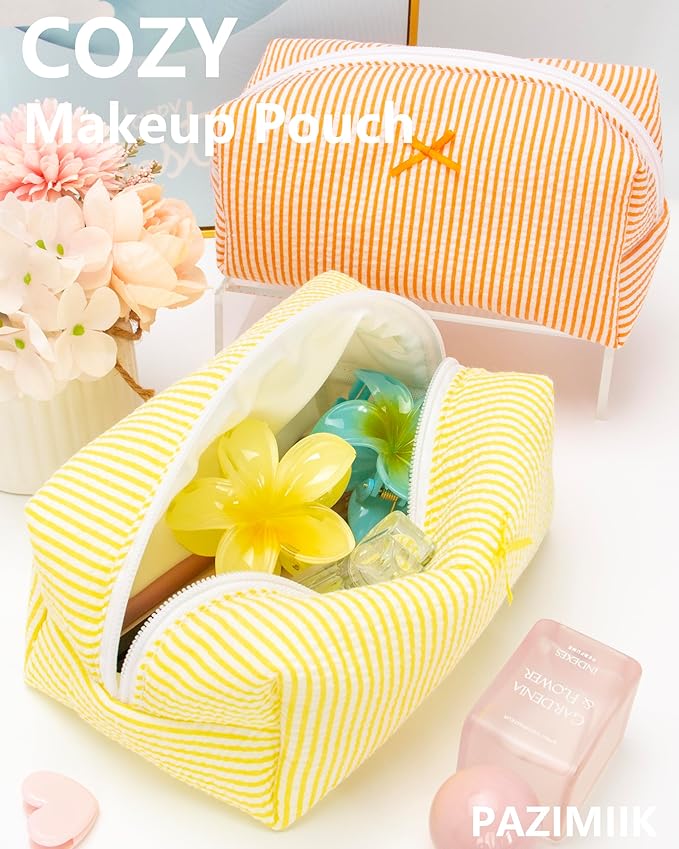 Cozy Makeup Bag for Women,Zipper Cosmetic Pouch,Stripe Yellow,2 Pack