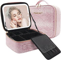 PRALENA Travel Makeup Bag with LED Mirror – 3 Brightness Modes, Portable Lighted Makeup Case with Adjustable Dividers, Cosmetic Organizer Gift for Women (Pink)