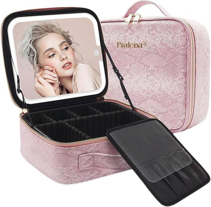 PRALENA Travel Makeup Bag with LED Mirror – 3 Brightness Modes, Portable Lighted Makeup Case with Adjustable Dividers, Cosmetic Organizer Gift for Women (Pink)