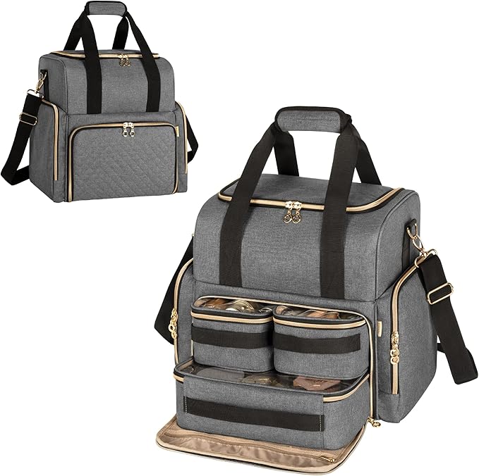 LUXJA Large Travel Makeup Bag with 3 Removable Makeup Cases, Gray
