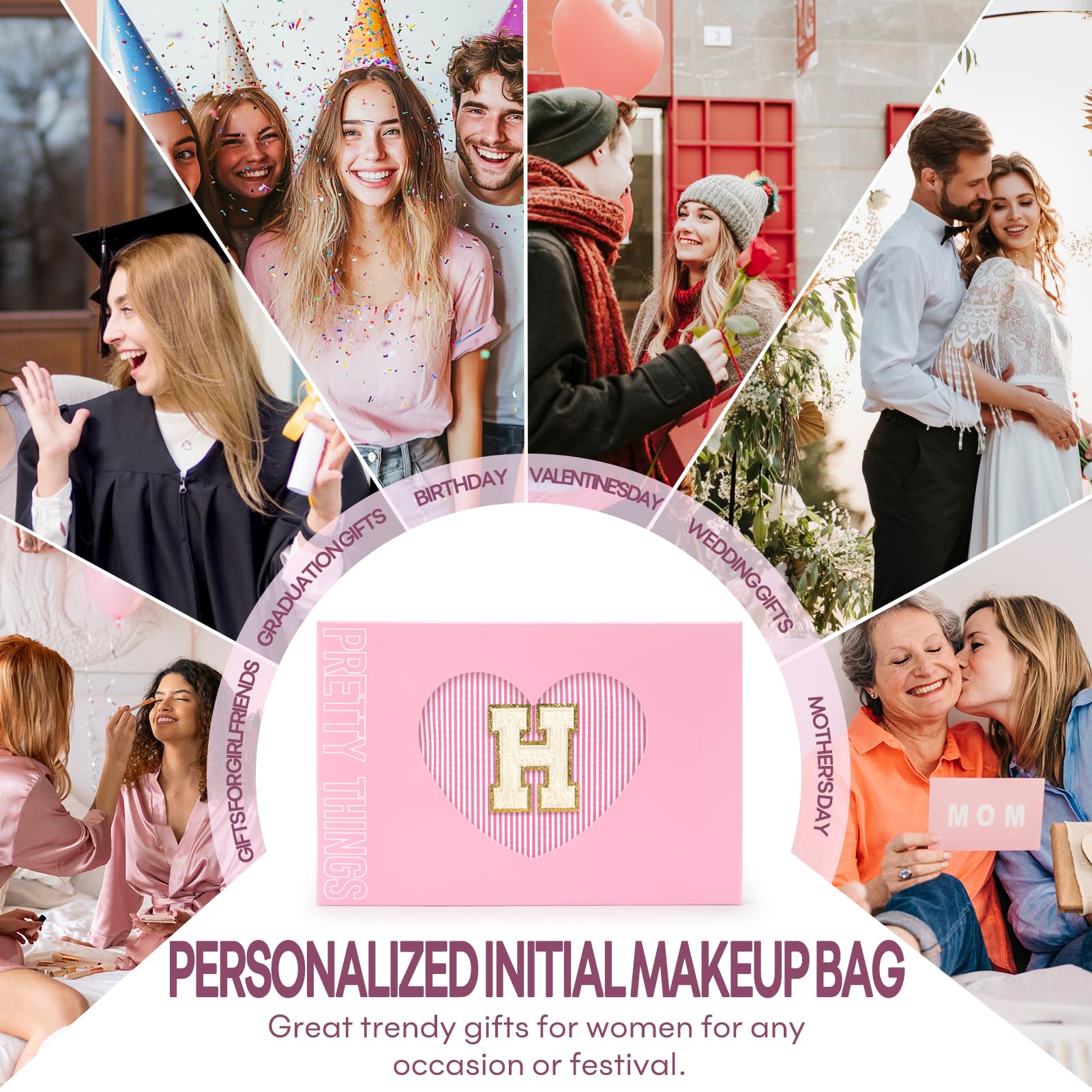 2 PCS Initial Makeup Bags for Women: Cosmetic Bag for Travel Toiletry - Birthday Gifts for 11 12 13 14 15 16 17 18 Years Old Girl Graduation Teacher Gift- Teen Girl Gifts Trendy Stuff - Pink H